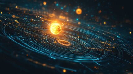 Wall Mural - Abstract Representation of a Cosmic Scene Featuring a Bright Star Surrounded by Illuminated Particles and Radiating Energy in a Dark Universe