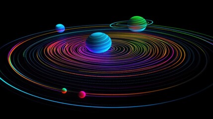 Wall Mural - colorful digital representation of planets orbiting in a vibrant cosmic environment with circling pa