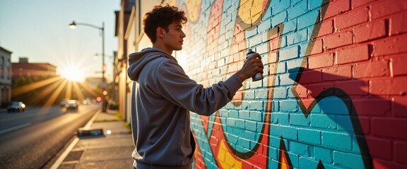 Street Artist Sprays Colorful Mural on Brick Wall, Urban Creativity