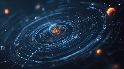 Wall Mural - abstract representation of planets orbiting in a cosmic space with stars and nebulae, illustrating t