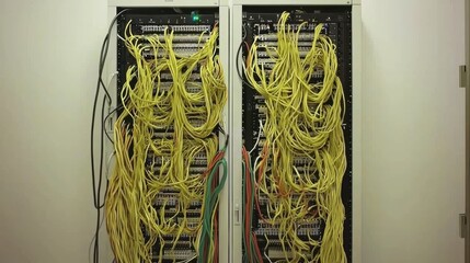 Poster - Disheveled Server Room with Messy Yellow Cables and Wires Entangled in a Data Center Showing Complexity of Network Management and Organization