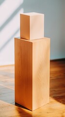 Poster - Minimalist Display Stand with Geometric Shapes in Natural Wood Finish Adding Modern Touch to Interiors Suitable for Artistic and Creative Settings