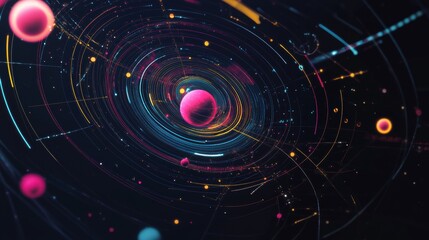 Poster - Vibrant Abstract Digital Cosmos with Colorful Spheres and Dynamic Lines Representing Cosmic Movement and Energy Flow in a Stunning Visualization