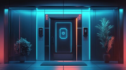 Poster - This entrance showcases advanced security features including cameras, motion sensors, and a convenient fingerprint scanner for protection. Generative AI