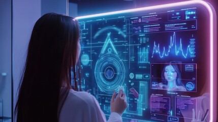 Leinwandbilder - A person engages with a high-tech mirror that analyzes hair health and offers tailored advice using AI technology. Generative AI