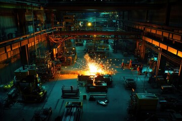 Leinwandbilder - In a vast industrial workshop, skilled workers perform welding tasks, creating bright sparks and showcasing collaborative efforts during nighttime. Generative AI
