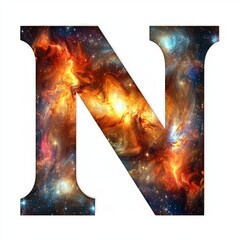 Aufkleber - letter N intricately designed resemble cosmic infinity featuring colorful galactic patterns stark white background emphasizes its unique aesthetics.