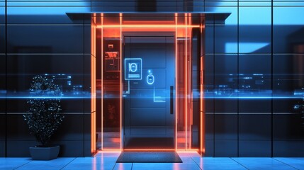 Poster - This stylish home entrance showcases smart security technology including cameras, motion sensors, and a fingerprint scanner. Generative AI