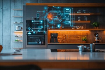 Fototapete - A sleek kitchen features smart appliances and digital interfaces, showcasing advanced technology in a contemporary setting. Generative AI
