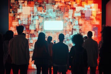 Aufkleber - A diverse audience gathers in front of a vibrant, abstract AI system display at a tech exhibition, exploring digital art and technology. Generative AI