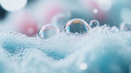 Poster - Colorful soap bubbles cluster above soft foam, reflecting light and creating a vibrant atmosphere with delicate textures