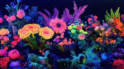 Wall Mural - a vividly colorful arrangement of neon flowers glowing against a dark background, creating a mesmeri