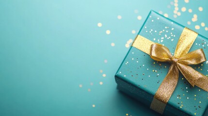 Wall Mural - This attractive gift box adorned with a golden ribbon sits against a striking teal backdrop, making it an ideal present for any celebration