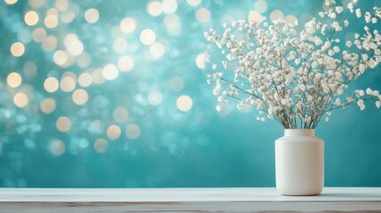 Poster - A decorative vase filled with delicate flowers sits on an empty white shelf, complemented by a soft bokeh backdrop that adds a tranquil touch