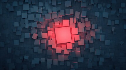 Poster - Abstract geometric composition featuring a central illuminated square surrounded by scattered 3D cubes in shades of gray against a dark background