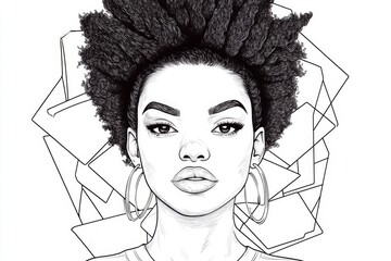Poster - A clean line drawing of a face with a bold afro, surrounded by geometric shapes