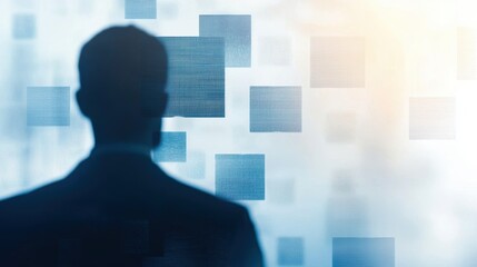 Poster - Thoughtful Businessman Silhouetted Against an Abstract Digital Background with Geometric Shapes and a Futuristic Atmosphere in a Modern Office Space