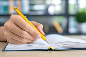 Poster - A close-up of an adult hand taking notes in a notebook during a professional workshop