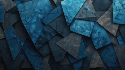 Poster - Abstract arrangement of layered, cracked marble-like blue textures with geometric shapes, creating a modern and artistic background.