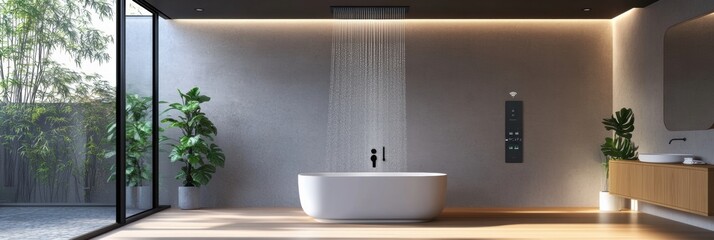 Aufkleber - This modern bathroom showcases a smart shower system paired with a digital touch panel for precise temperature control in a tranquil setting. Generative AI