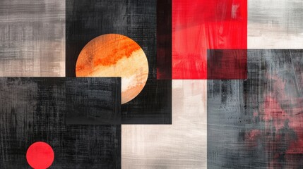 Poster - A striking abstract composition featuring geometric shapes in red, black, and gray tones, with textured surfaces and a vibrant orange circle.