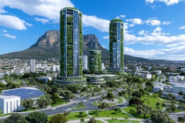 Poster - A futuristic South African city with eco-friendly skyscrapers covered in greenery and advanced solar farms nearby