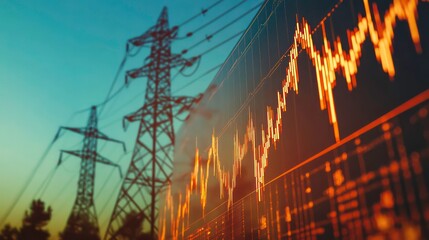 Poster - Electric Power Lines in the Foreground and a Stock Market Chart in the Background.