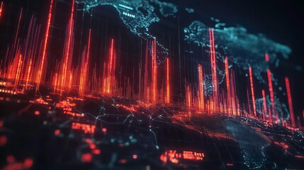 Poster - A stylized, futuristic depiction of the world with digital data streams connecting continents and continents, with emphasis on North America.