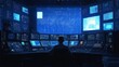© florynstudio3 - A solitary figure sits absorbed in his work before an array of high-tech screens, enveloped in the blue glow of a sophisticated control room.