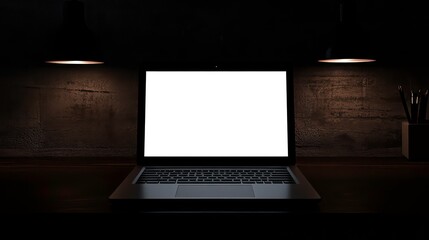 Poster - A laptop with a blank screen sits on a wooden desk in a dimly lit room. The laptop is surrounded by two lamps.