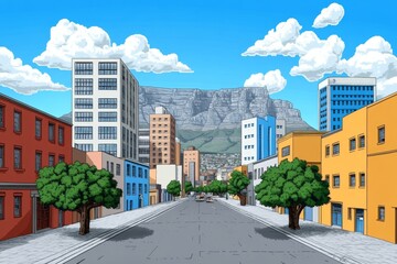 Poster - A pixel art depiction of Cape Townâ€™s skyline with Table Mountain in the background, vibrant with retro game colors