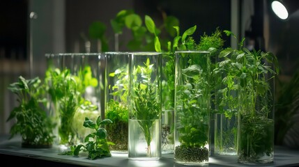 Wall Mural - various types of green plants growing in glass cylinders in a laboratory setting.