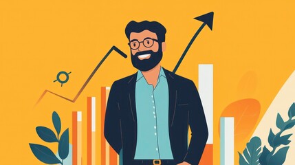 Poster - A smiling bearded businessman with glasses stands in front of a bar graph and arrow pointing up, representing growth and success.