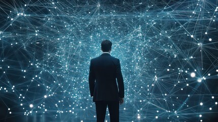 Poster - A businessman stands before a glowing network of connected dots representing data, communication, and technology.