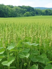 Poster - The vibrant meadow showcases tall grasses and healthy soybeans thriving under a clear blue sky, typical of a peaceful countryside. Generative AI