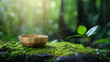 © NongKirana - bamboo bowl resting on moss in lush jungle, surrounded by greenery, evokes sense of tranquility and connection to nature