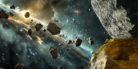 Wall Mural - galactic clash among asteroid fields and celestial debris, 4k video
