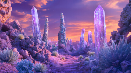 Wall Mural - A surreal otherworldly landscape featuring tall, jagged rock formations under vibrant purple skies. crystals and luminescent plants light up the scene. Otherworldly Alien Landscape. Illustration