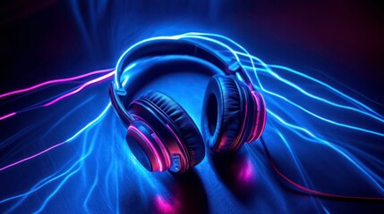 Wall Mural - a pair of headphones illuminated by blue and pink light streams, symbolizing the dynamic and immersi