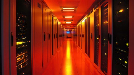Poster - A neat row of server racks in a dimly-lit data center, conveying the precision and orderliness of a high-tech information hub.