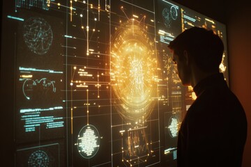 Poster - A person interacts with a futuristic mirror that evaluates hair condition and gives tailored suggestions for improvement using AI technology. Generative AI