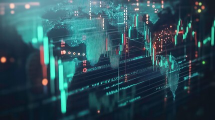Poster - A digital map of the world with data visualizations displaying stock market activity and trends.