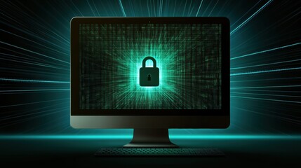 Aufkleber - A computer screen features a central lock icon against a glowing background, symbolizing cybersecurity in a modern digital workspace. Generative AI