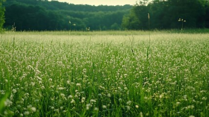 Poster - A lush green meadow showcases tall grasses swaying gently in the breeze, interspersed with thriving soybean plants under the warm sun. Generative AI