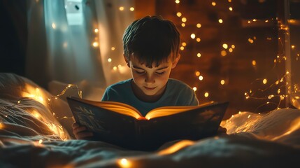 Wall Mural - a cute young boy kids opens and reads a fairy tale story fantasy book and immerses with his childhoo