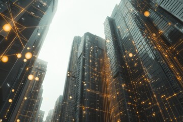Leinwandbilder - Skyscrapers of a modern city are interconnected by glowing lines, illustrating the integration of AI technology with urban architecture. Generative AI