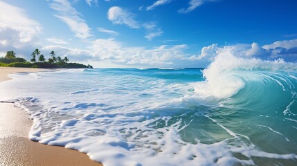 Wall Mural - waves rolling onto a tropical beach with a bright blue sky and clear water