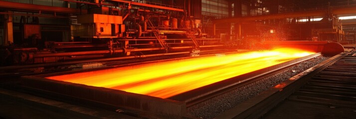Leinwandbilder - Molten steel pours from a furnace, creating a dramatic display of fire and light in a bustling industrial setting at dusk. Generative AI