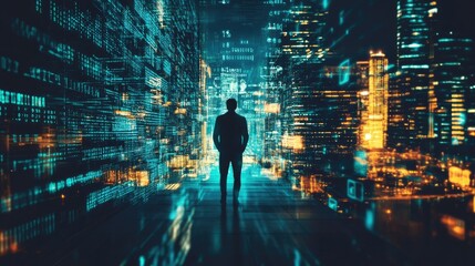 Man standing in futuristic city with digital data streams.