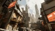 © BloomArt - Dystopian city street, ruined buildings, futuristic skyscrapers, cloudy sky.
